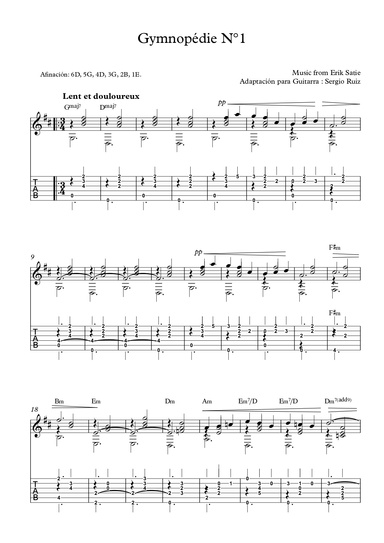 Gymnopédie 1. Erik Satie | Guitar sheet music + Tab