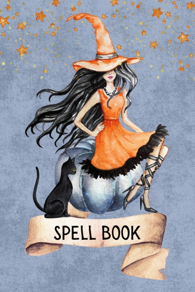 Witch in Orange with her Black Cat Spell Book Journal