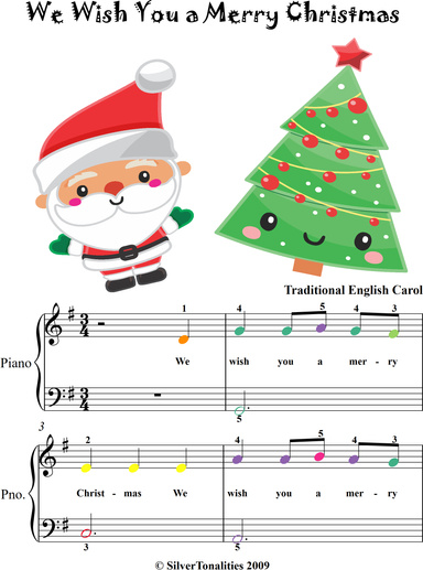 We Wish You a Merry Christmas Easiest Piano Sheet Music with Colored Notes