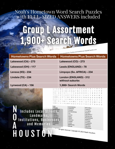 Noah’s Hometown Word Search Puzzles with FULL-SIZED ANSWERS included Group L Assortment