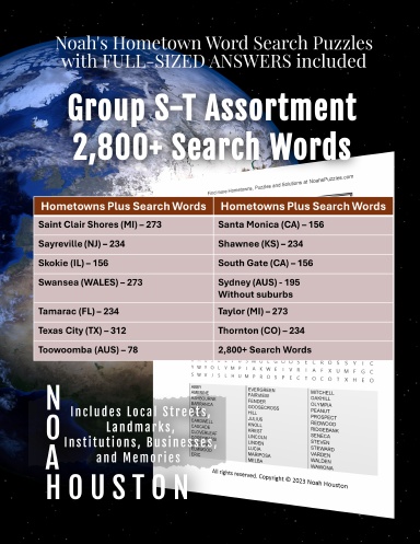 Noah’s Hometown Word Search Puzzles with FULL-SIZED ANSWERS included Group S-T Assortment