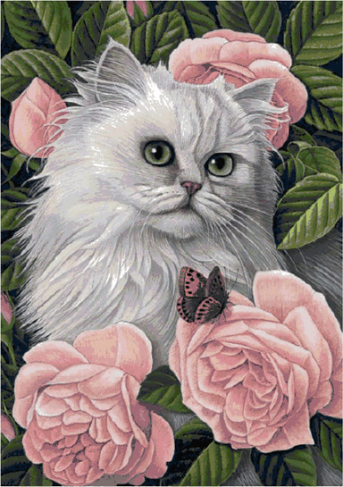 White Cat among Pink Flowers/ Counted cross stitch patterns