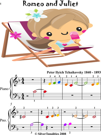 Romeo and Juliet Beginner Piano Sheet Music with Colored Notes