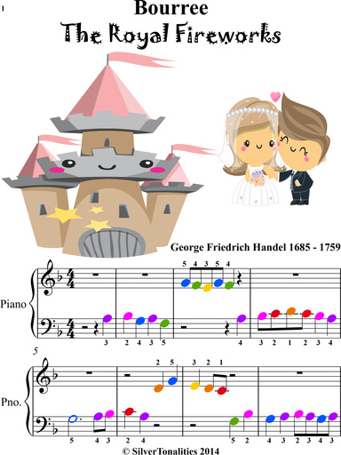 Bourree Royal Fireworks Beginner Piano Sheet Music with Colored Notes