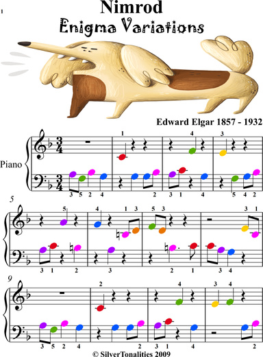 Nimrod Enigma Variations Beginner Piano Sheet Music with Colored Notes