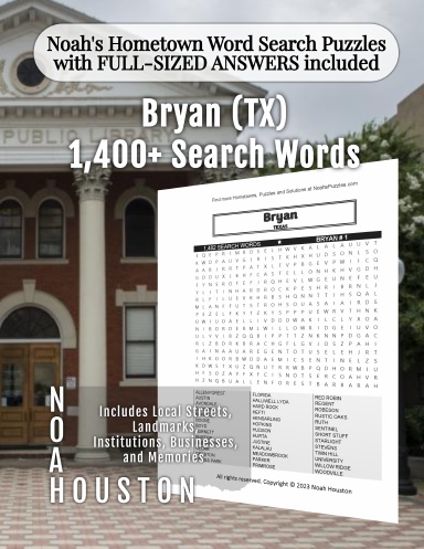 Noah’s Hometown Word Search Puzzles with FULL-SIZED ANSWERS included Bryan (TX)
