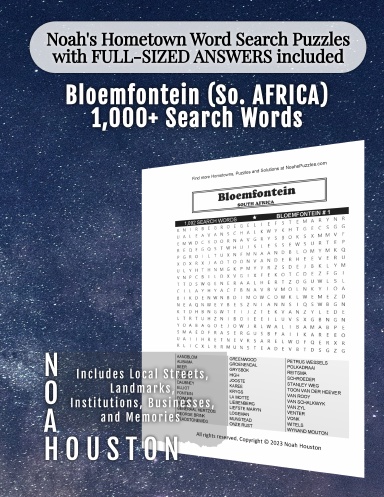 Noah’s Hometown Word Search Puzzles with FULL-SIZED ANSWERS included Bloemfontein (So. AFRICA)