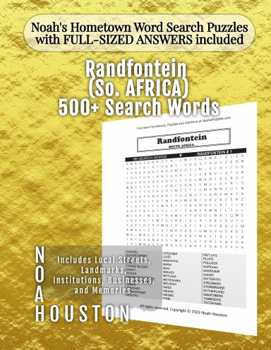 Noah’s Hometown Word Search Puzzles with FULL-SIZED ANSWERS included Randfontein (So. AFRICA)