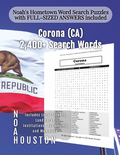 Noah’s Hometown Word Search Puzzles with FULL-SIZED ANSWERS included CORONA (CA)