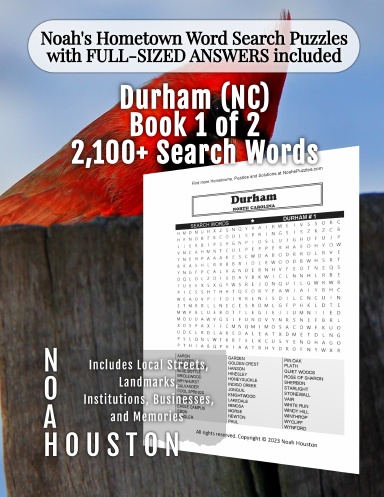 Noah’s Hometown Word Search Puzzles with FULL-SIZED ANSWERS included DURHAM (NC), BOOK 1 OF 2