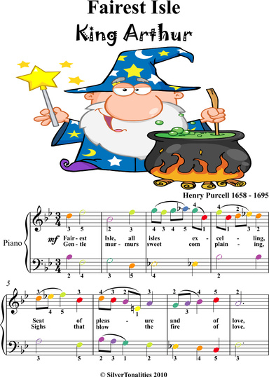 Fairest Isle King Arthur Easy Piano Sheet Music with Colored Notes