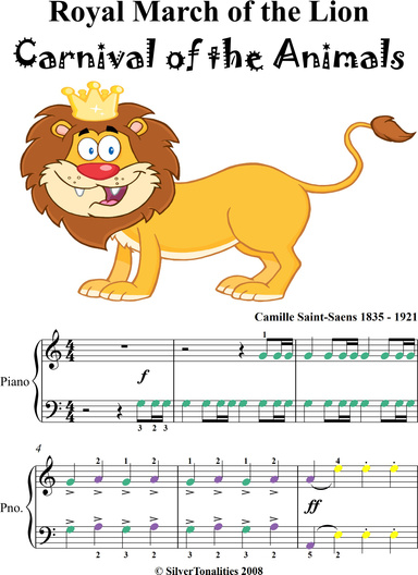 Royal March of the Lion Carnival of the Animals Easy Piano Sheet Music with Colored Notes